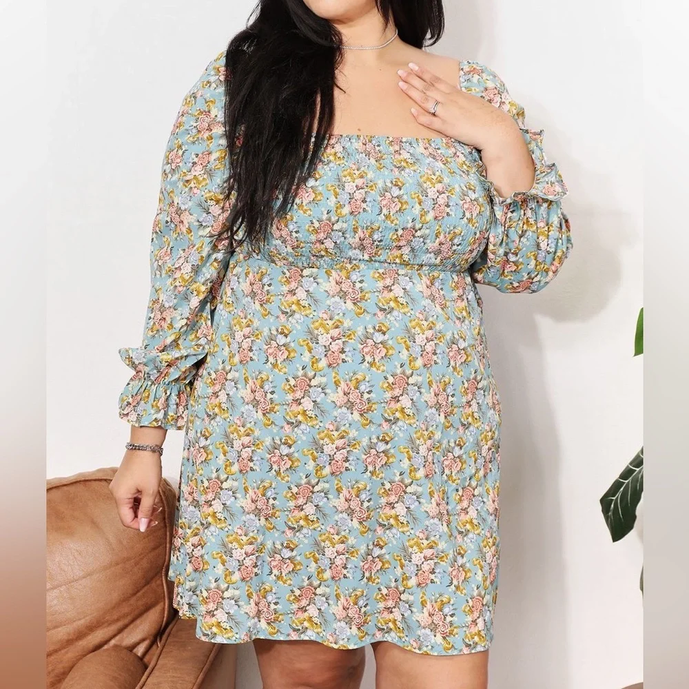 NEW Double Take Spring Floral Smocked Long Ruffle Sleeve Square Neck Dre… - Picture 8 of 12